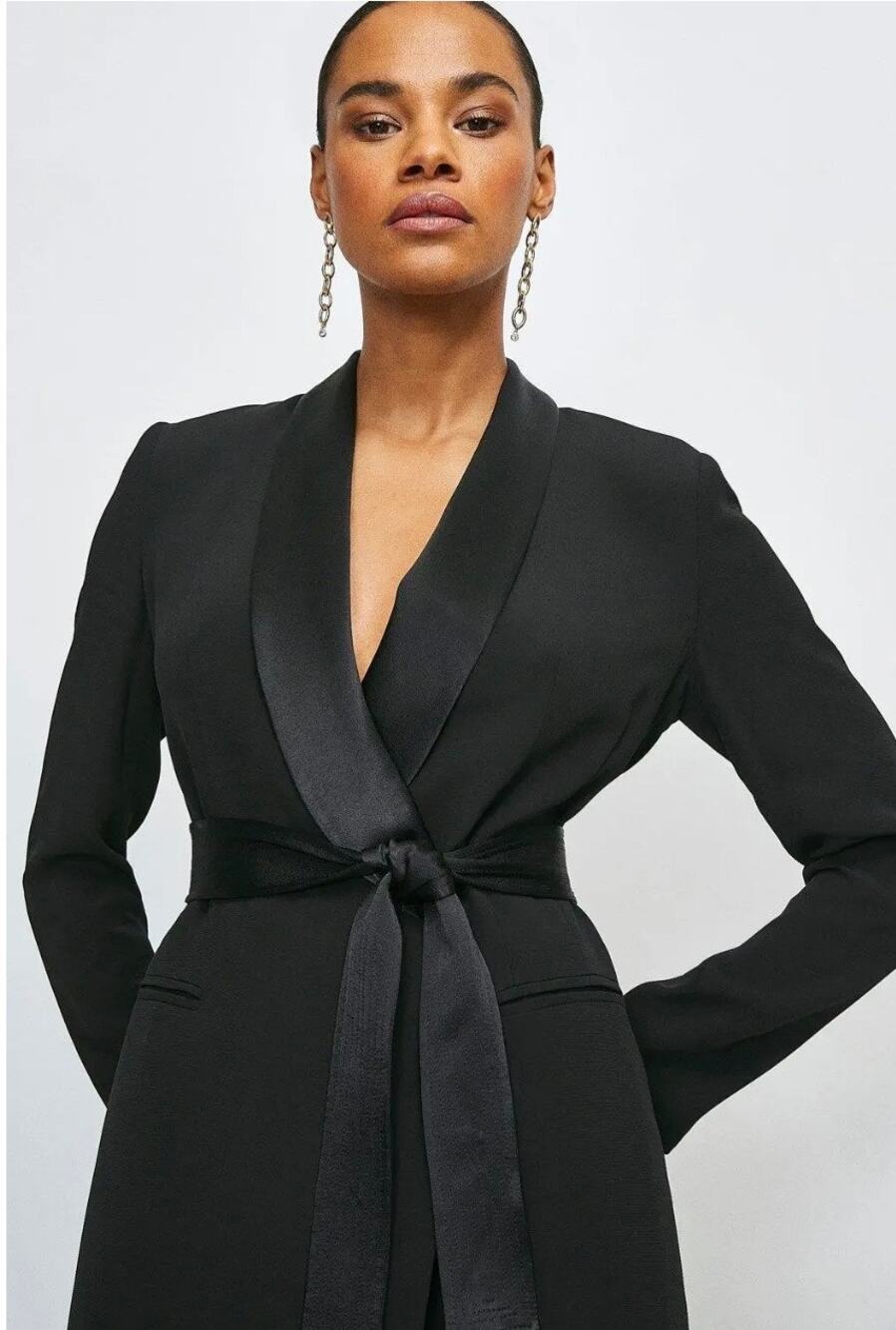 Karen Millen Tailored Tuxedo Wrap Mini Dress Size 2 Black V-neck Belted New